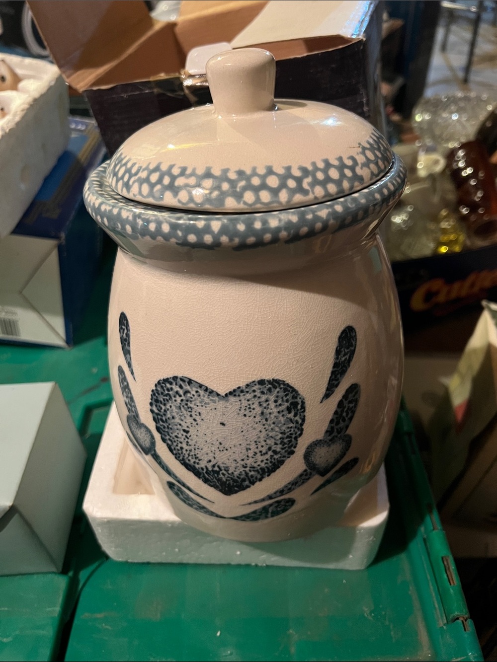 Vintage Ceramic blue Heart Canister - Cream and Blue Decorative Jar